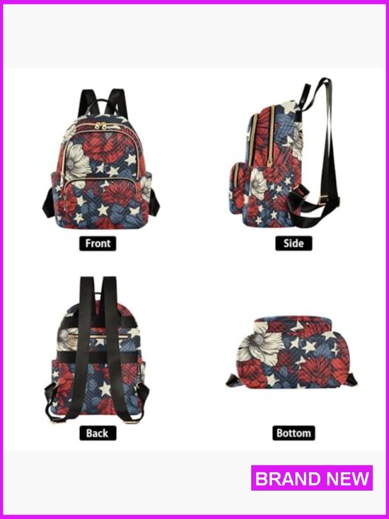 Patriotic Floral Mini Backpack Lightweight Quilted Daypack Travel Bag Shoulder